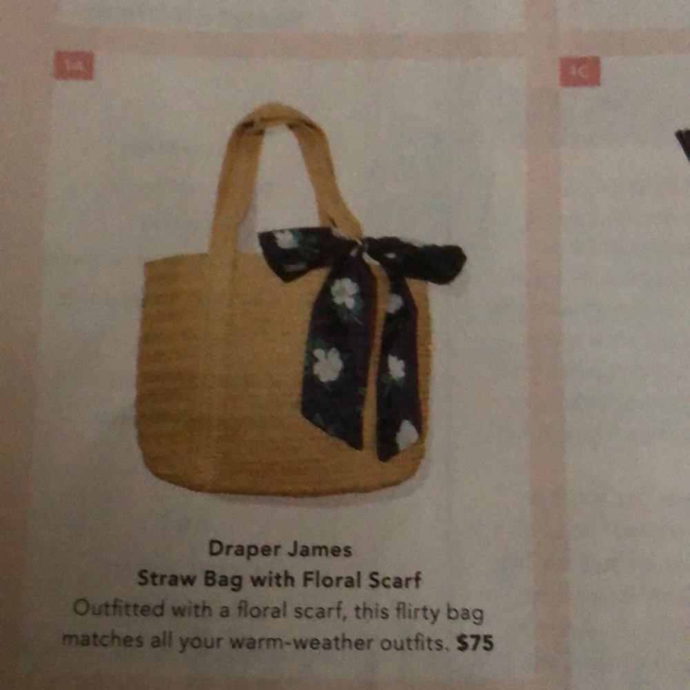 Draper & James straw bag with a Floral scarf.
